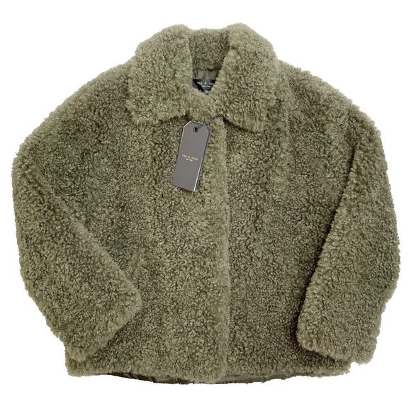 Rag & Bone Hesper Faux Fur Shearling Coat Button Front Army Green XS NWT - Picture 1 of 8